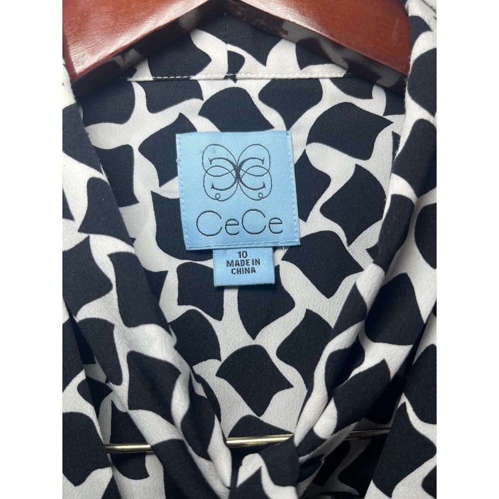 CeCe Tie Neck Shift Dress Women 10 Black White Geometric Print Sleeveless - Picture 5 of 8